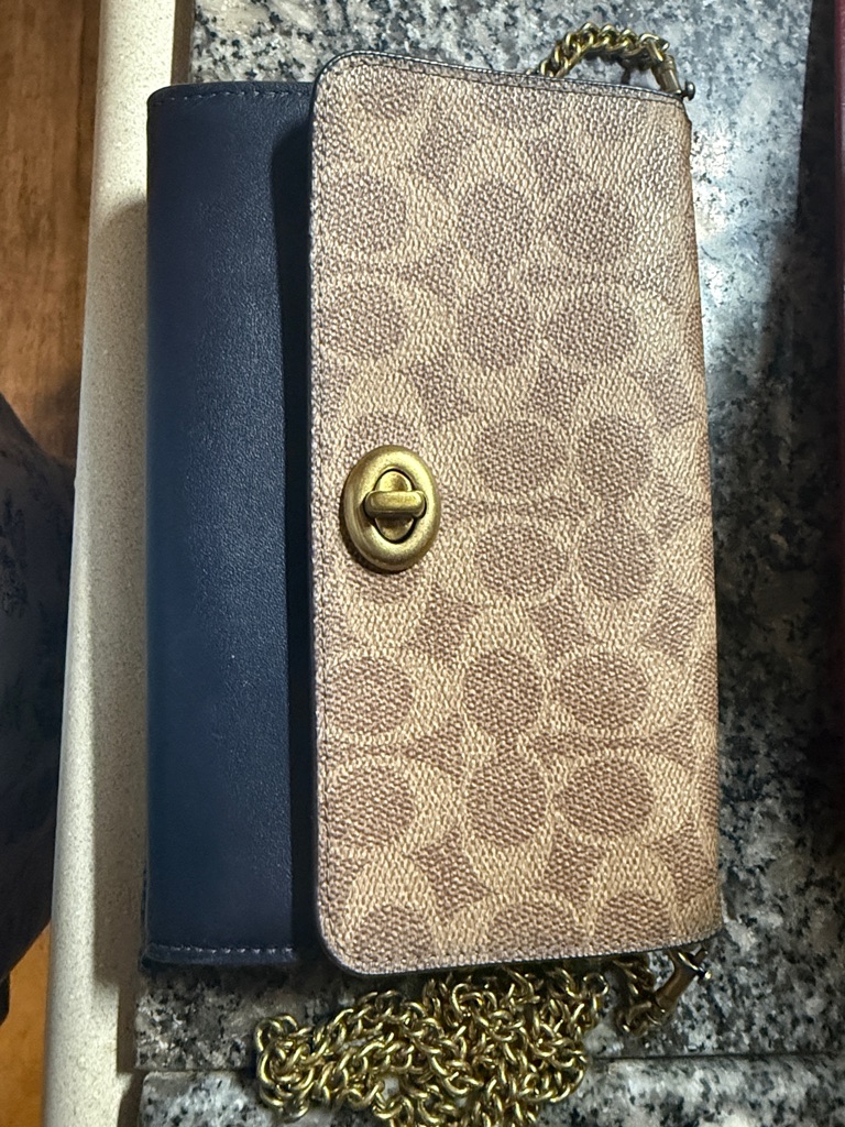 Coach Tan Signature Coated Canvas And Navy Leather Crossbody Wallet